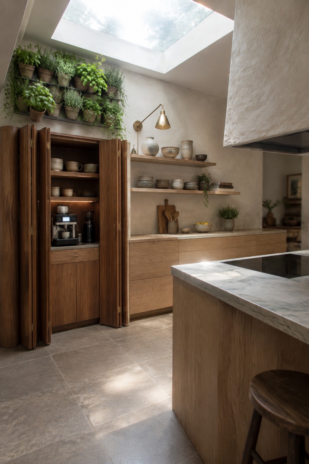 Open wood cabinet with a coffee maker and grinder on an interior counter.