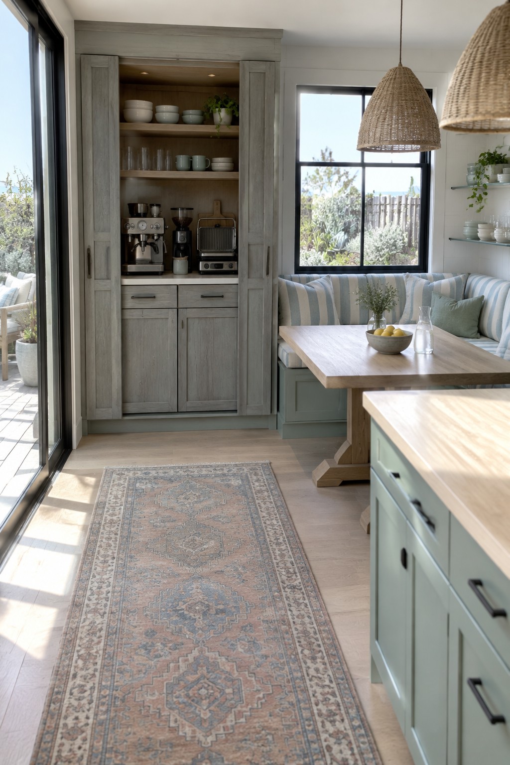 An open gray wood cabinet holds a coffee machine and grinder on a shelf below dishes, with a dining nook beside it.