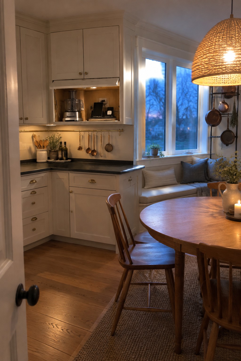 White kitchen cabinets include a recessed appliance nook with a food processor and other small appliances.