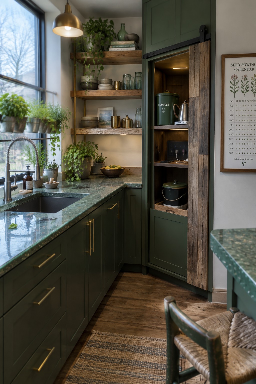 A dark green corner kitchen cabinet with a sliding wood door open to reveal shelves holding a compost bin, kettle, and other items.