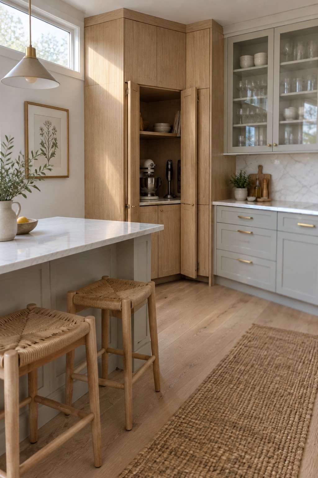 A tall oak corner cabinet stands open to show a stand mixer and hand blender on an interior counter.