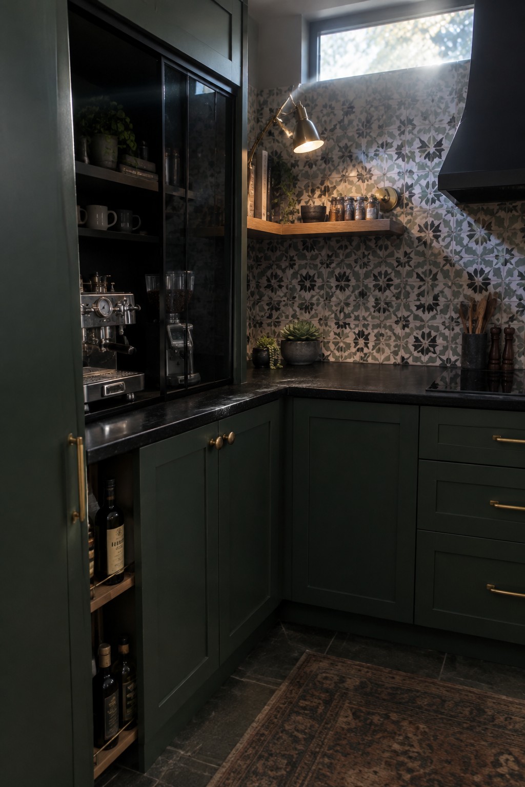 A dark green kitchen corner with an espresso machine and grinder inside a glass-fronted cabinet.