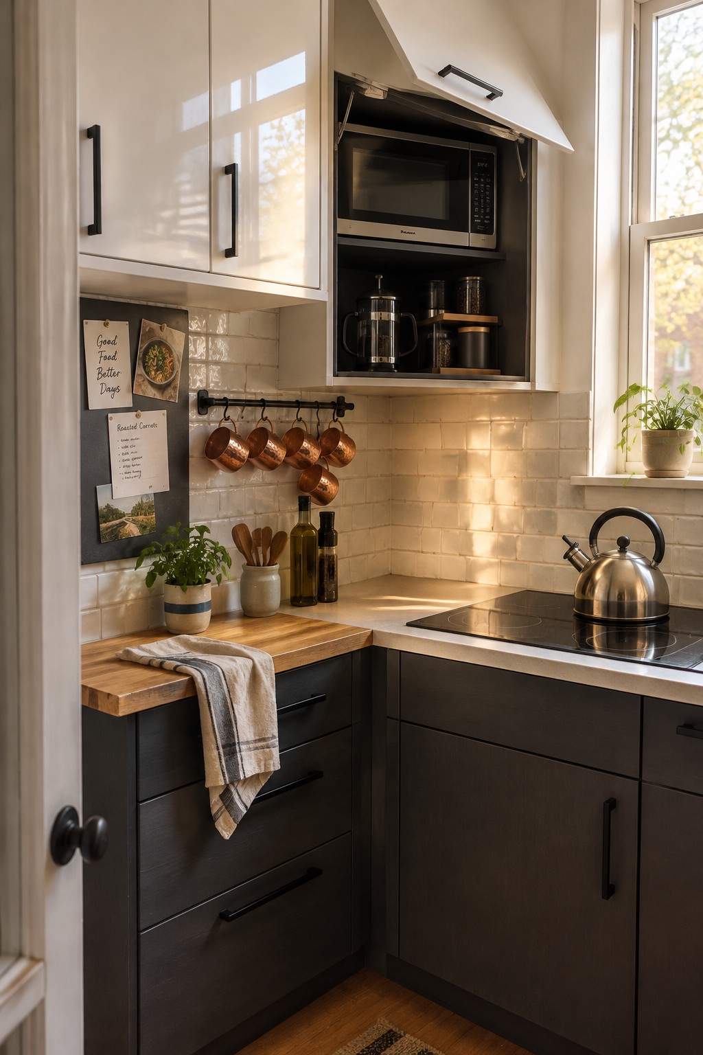 A kitchen corner cabinet with its lift-up door open, showing a microwave and coffee equipment on two shelves.