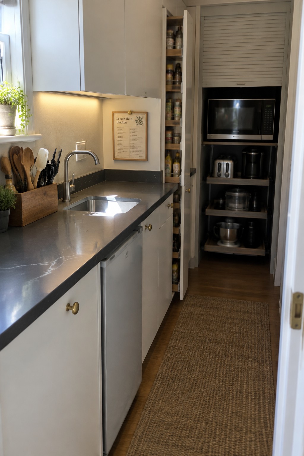 A narrow pull-out pantry beside a kitchen counter holds jars and bottles next to a tall cabinet with a microwave.