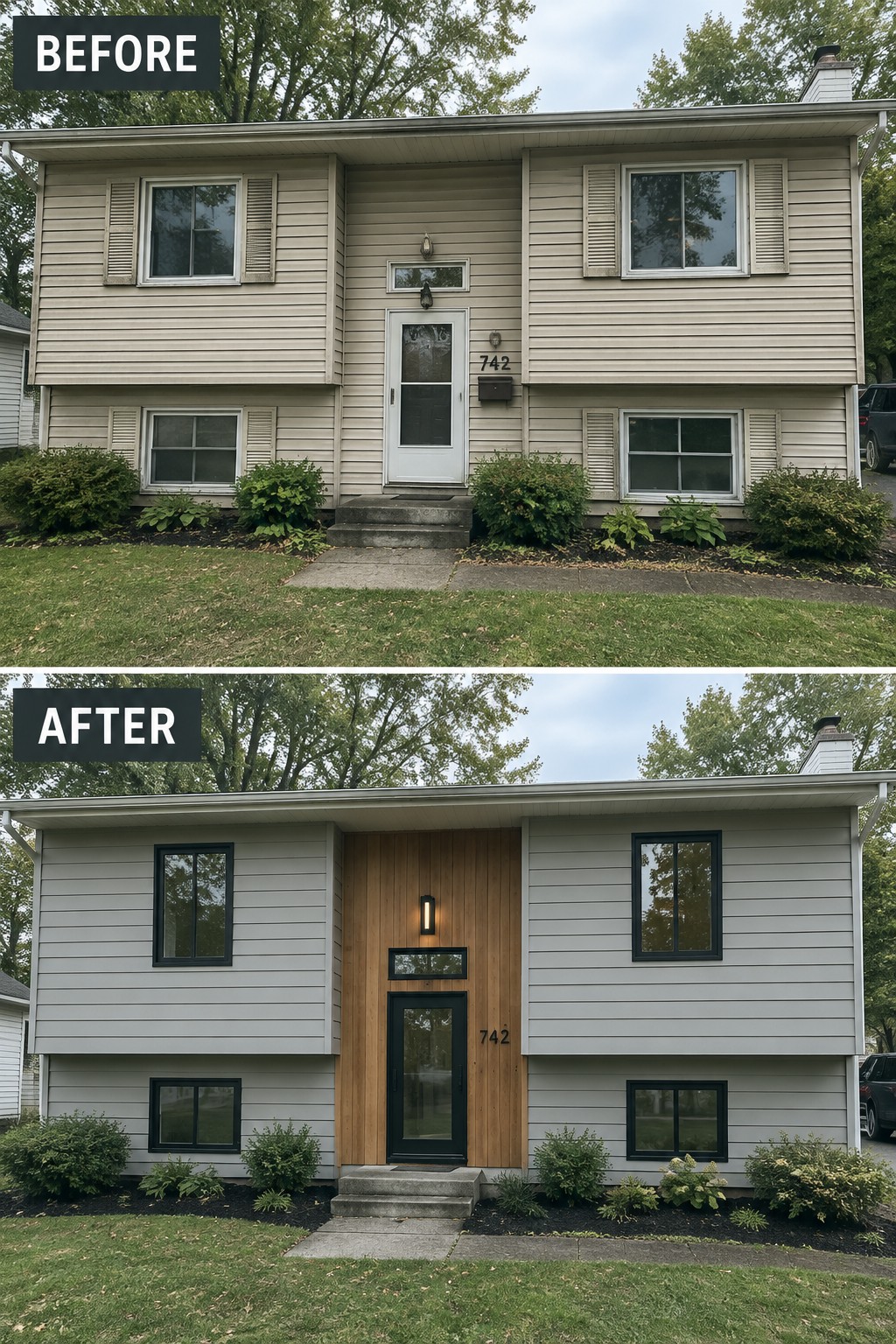 Before-and-after image of a beige house exterior updated with a vertical wood accent panel around the front door, black window frames, and a modern black door.