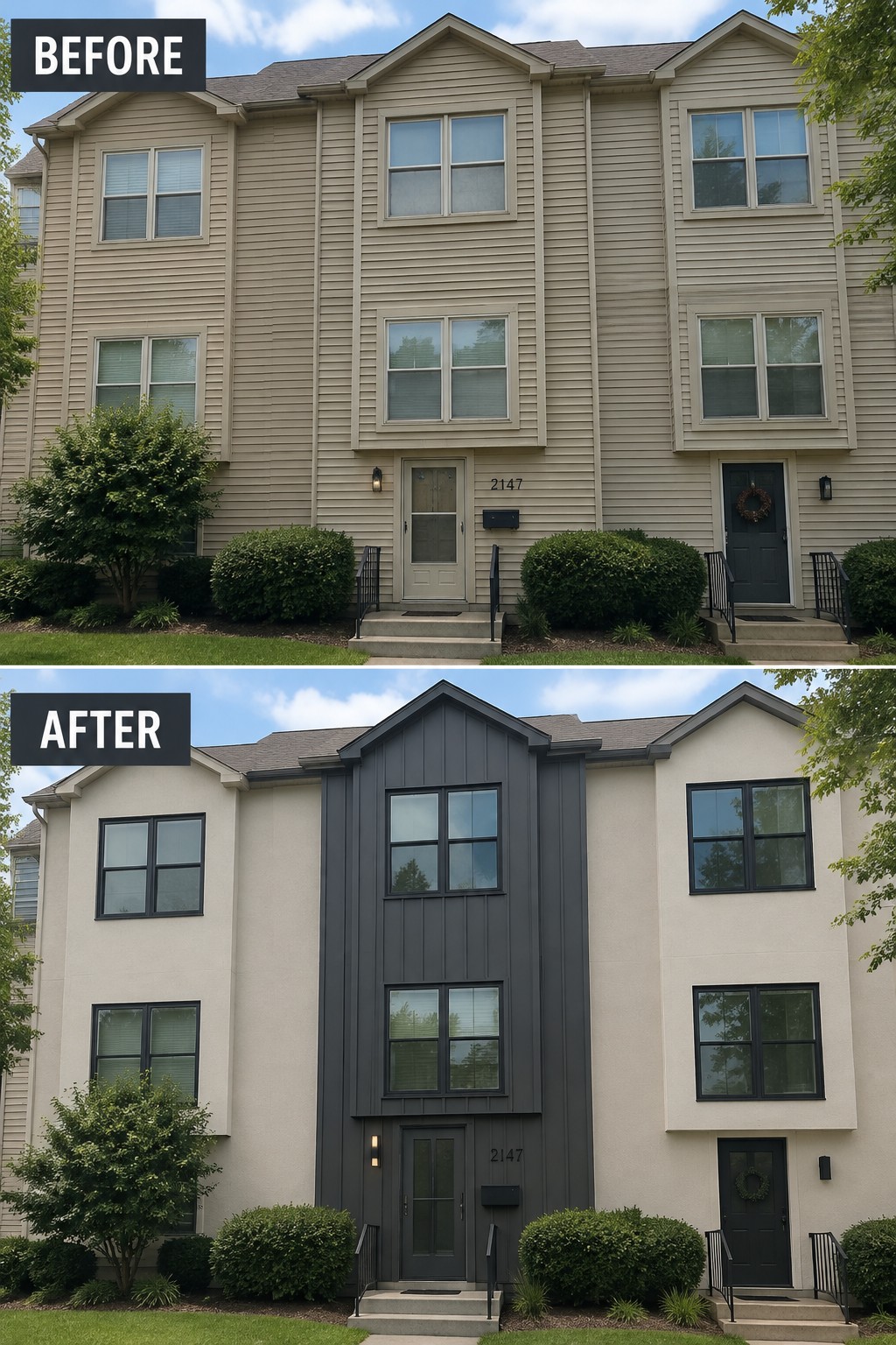 Before and after views of beige townhouse updated with dark gray vertical siding.