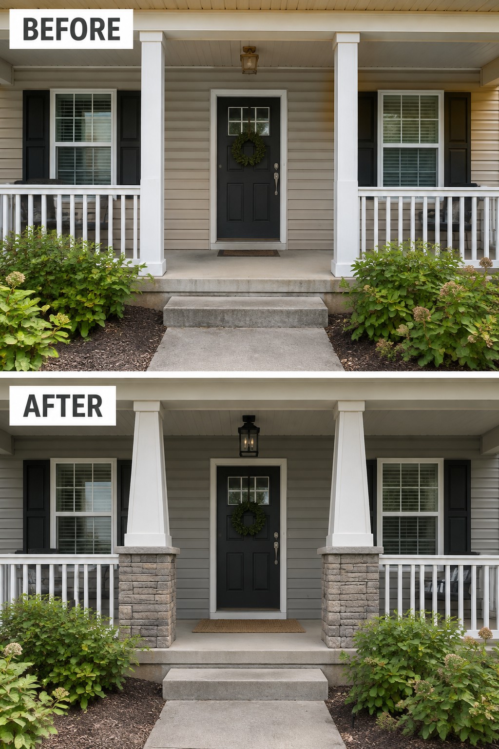 Before-and-after image of a beige house exterior showing plain white porch columns updated with stone bases.