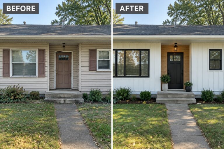Before and after house exterior with updated white siding, black door, and windows.