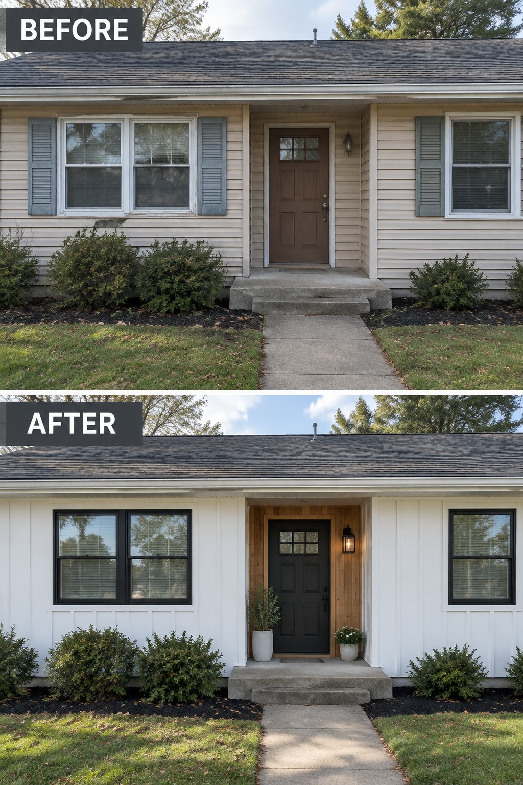 Before and after house exterior with updated white siding, black door, and windows.