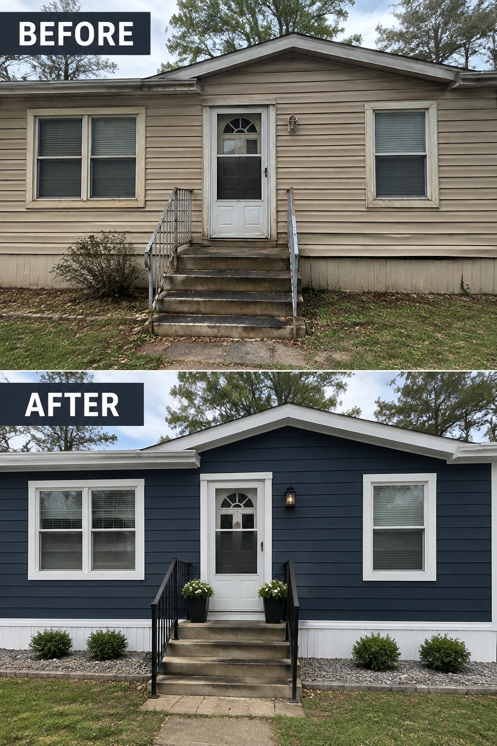 Before-and-after image of a beige house exterior updated with dark navy siding, white trim, black railings, and added planters with gravel beds.