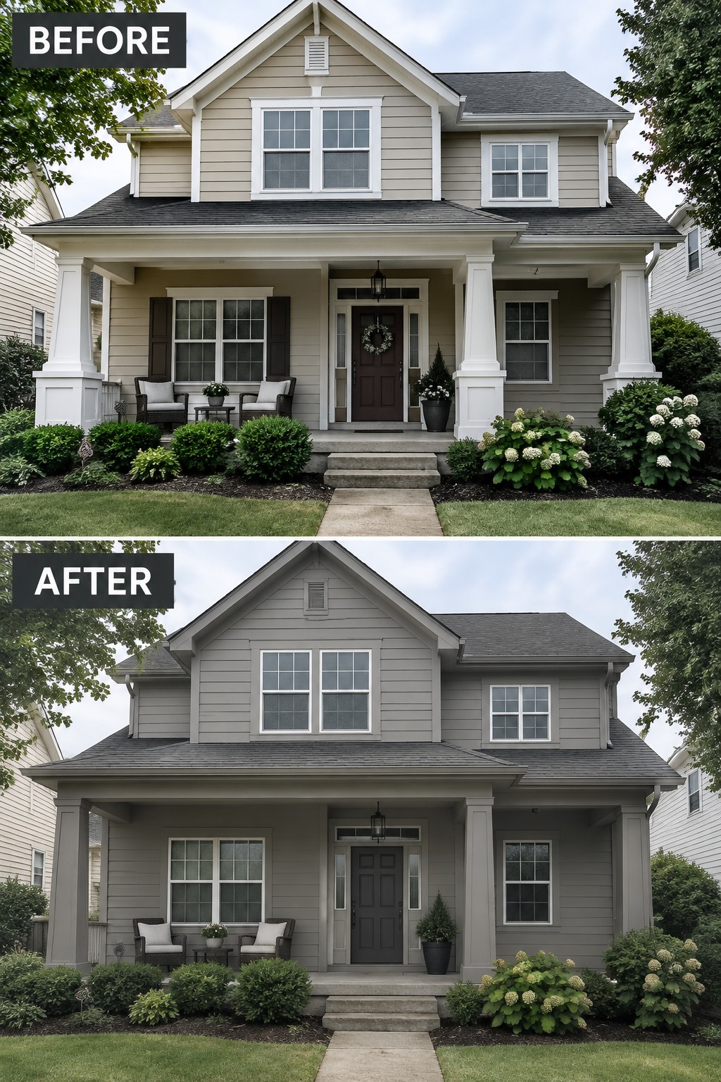 Before-and-after image of a beige house exterior updated with gray siding and a darker front door.