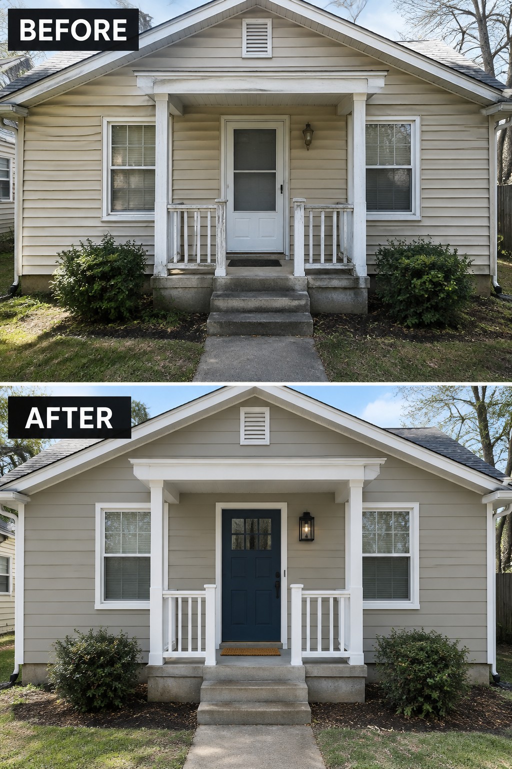 Before and after views of house with new blue door and white porch.