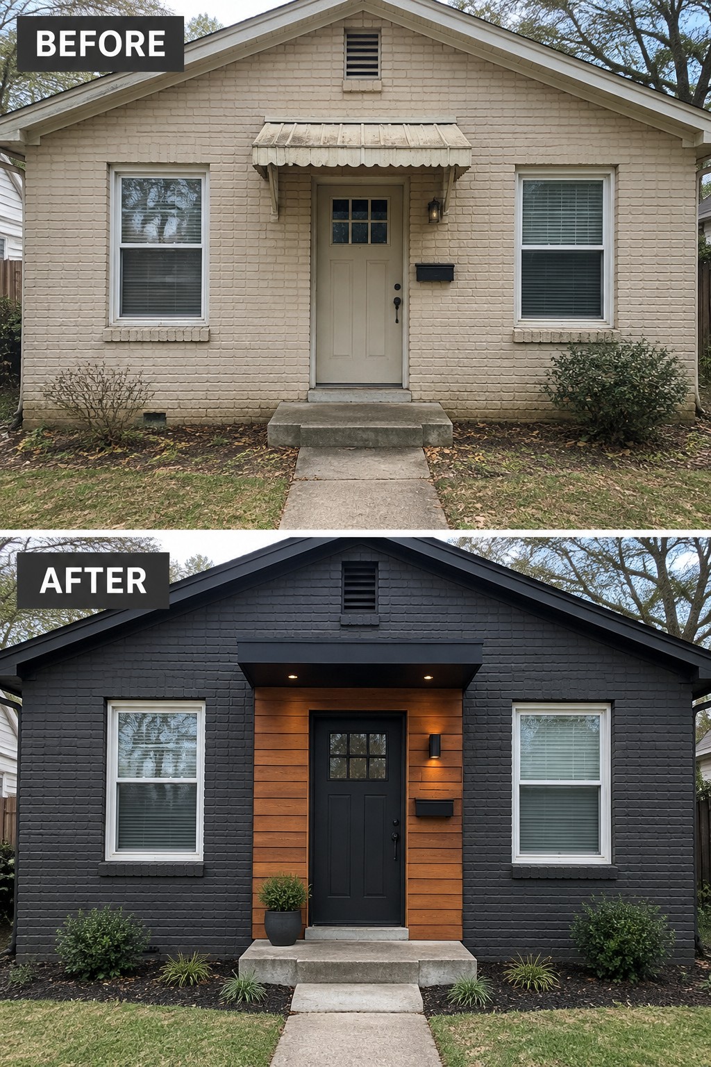 Before and after of beige brick house painted dark gray with wood accents.