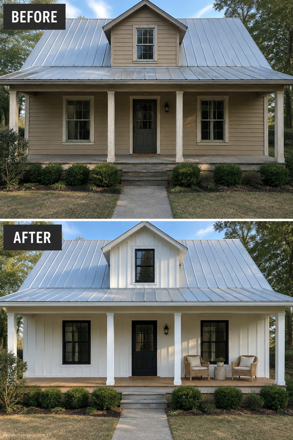 Before-and-after house exterior painted white with black trim and porch chairs