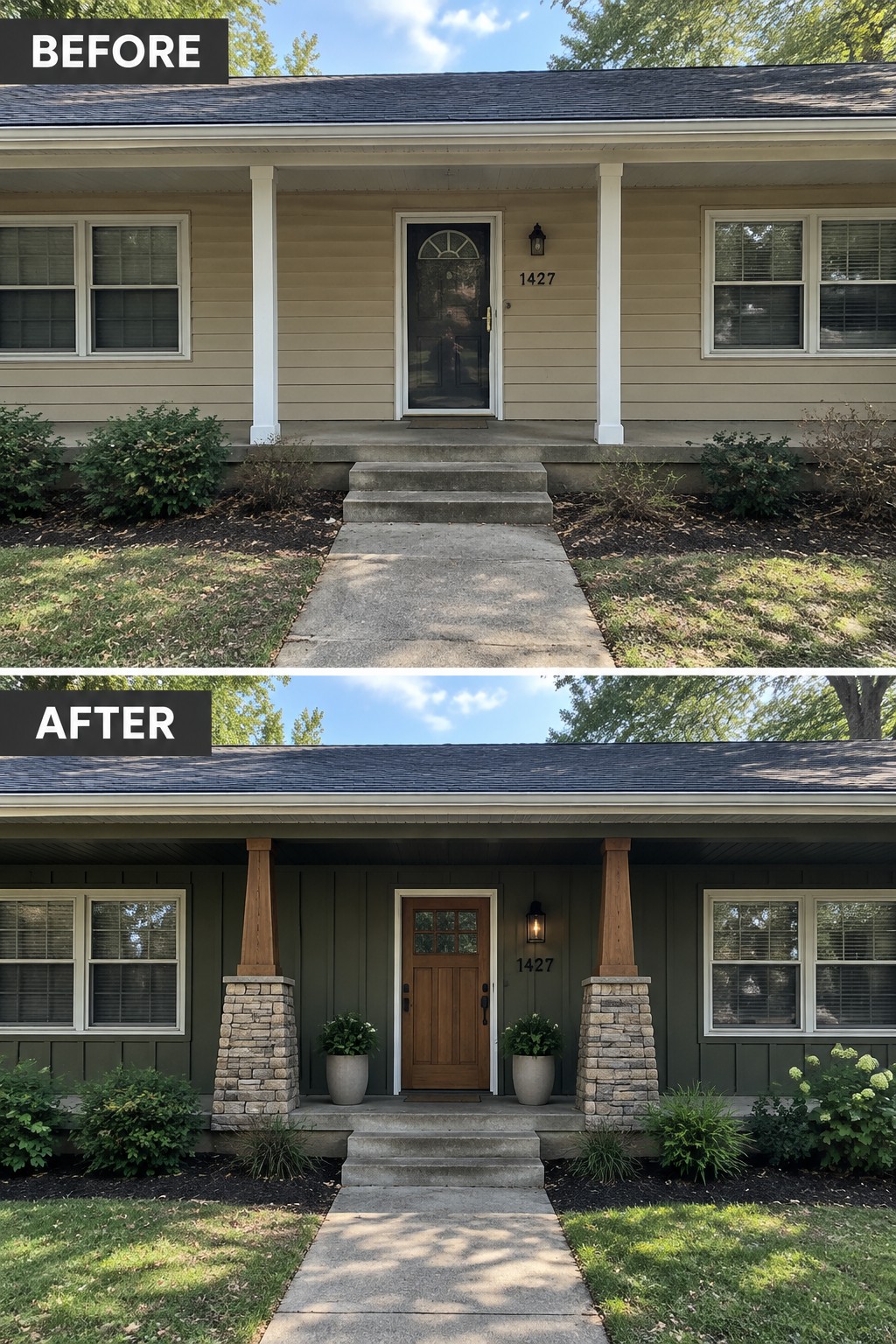 Before and after house exterior with beige siding updated to green with stone pillars.