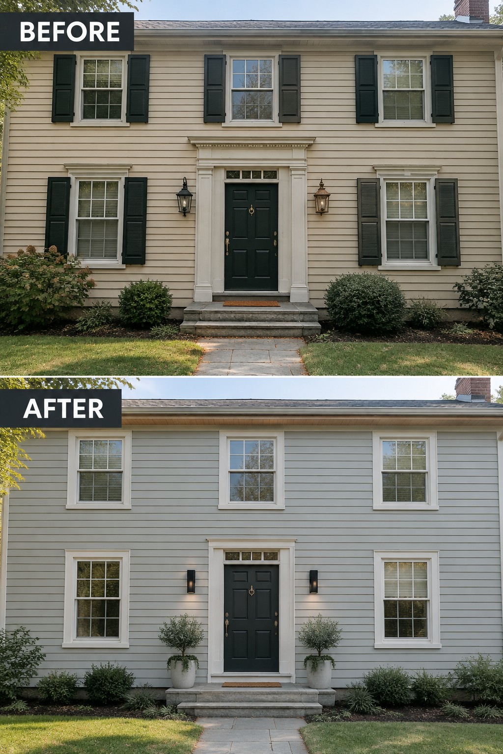 Before-and-after image of a beige house exterior updated with gray siding, fewer shutters, modern wall lights, and potted plants flanking the front door.