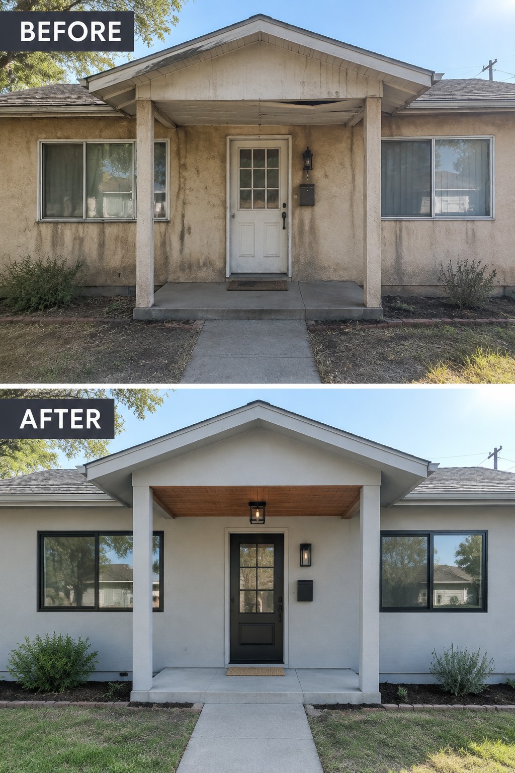 Before and after of a house porch renovation with new door, paint, and lights.