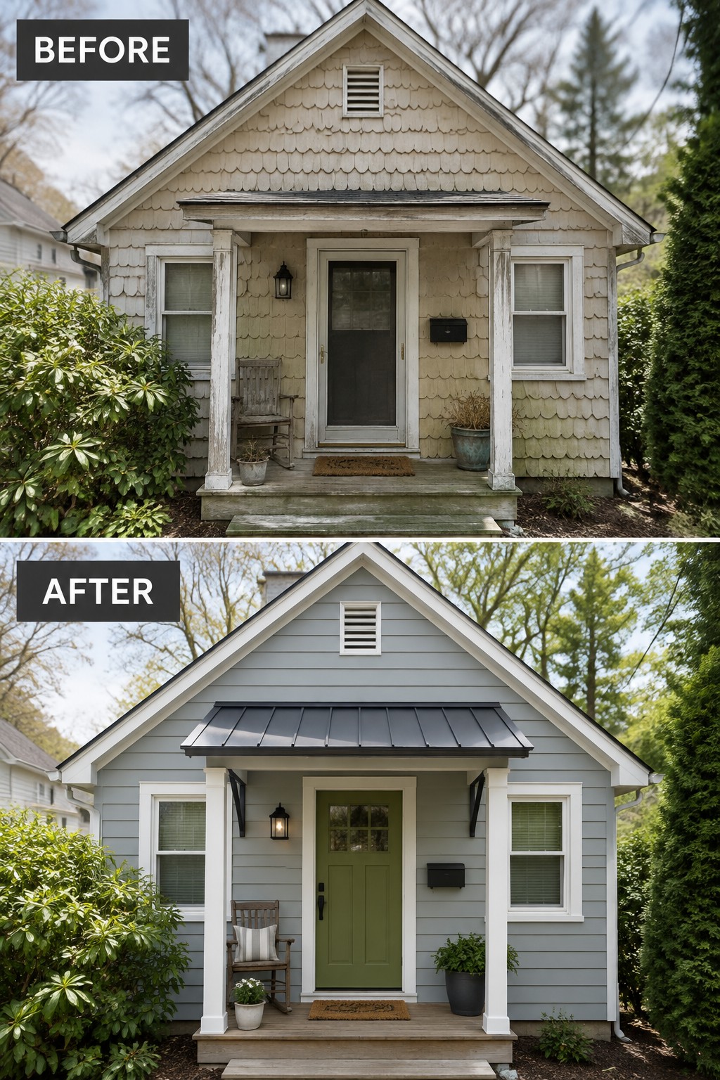 Before-and-after image of a beige house exterior updated with gray siding, white trim, a green front door, and a black metal porch roof.