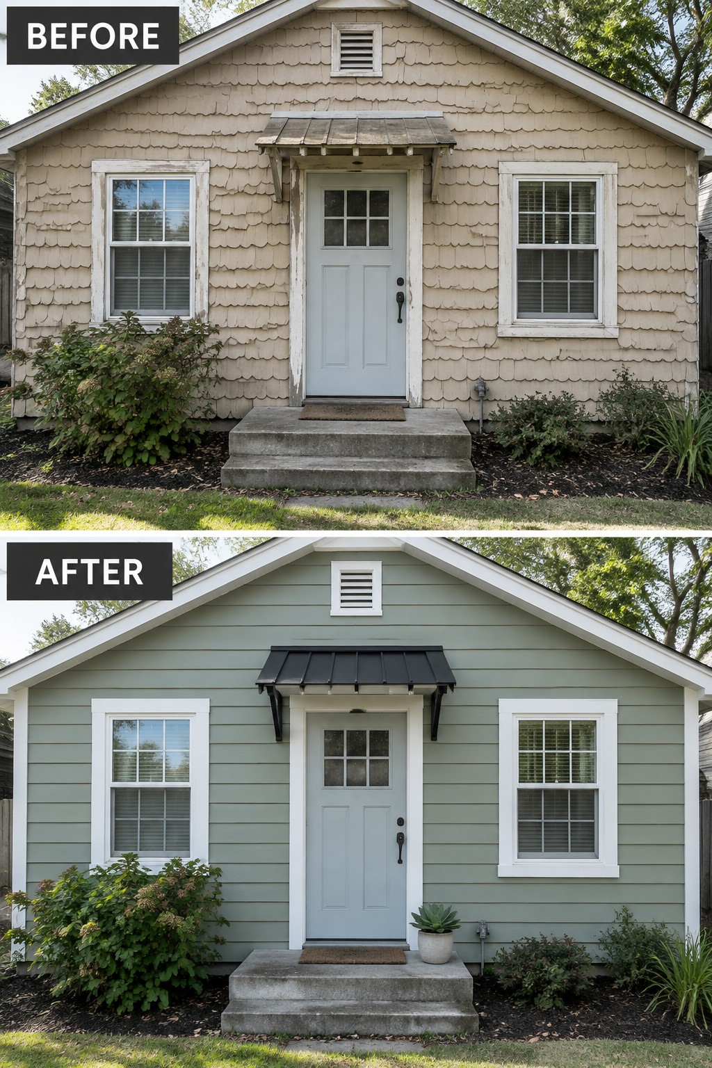 Before-and-after image of a beige house exterior updated with sage green siding and a black metal awning.
