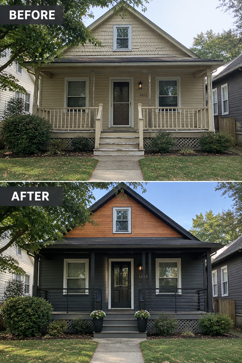 Before and after views of a house with dark gray siding and modern porch updates.