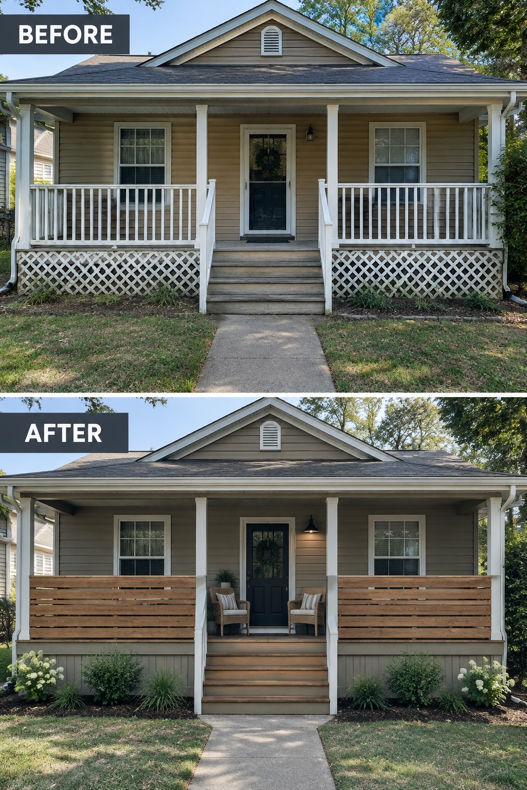 Before-and-after image of a beige house showing the front porch changed from traditional white railings and lattice to modern horizontal wood slats, a dark front door, added seating, and new lighting.
