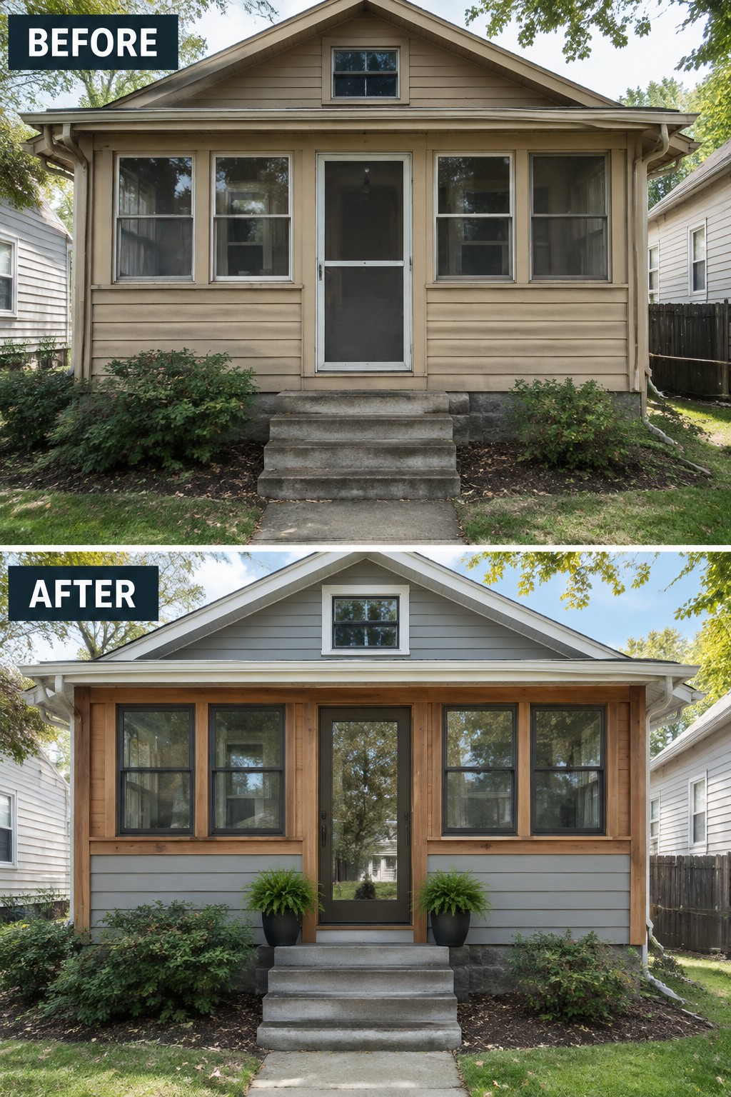 Before-and-after house exterior: beige siding renovated to gray with wood trim and new door.