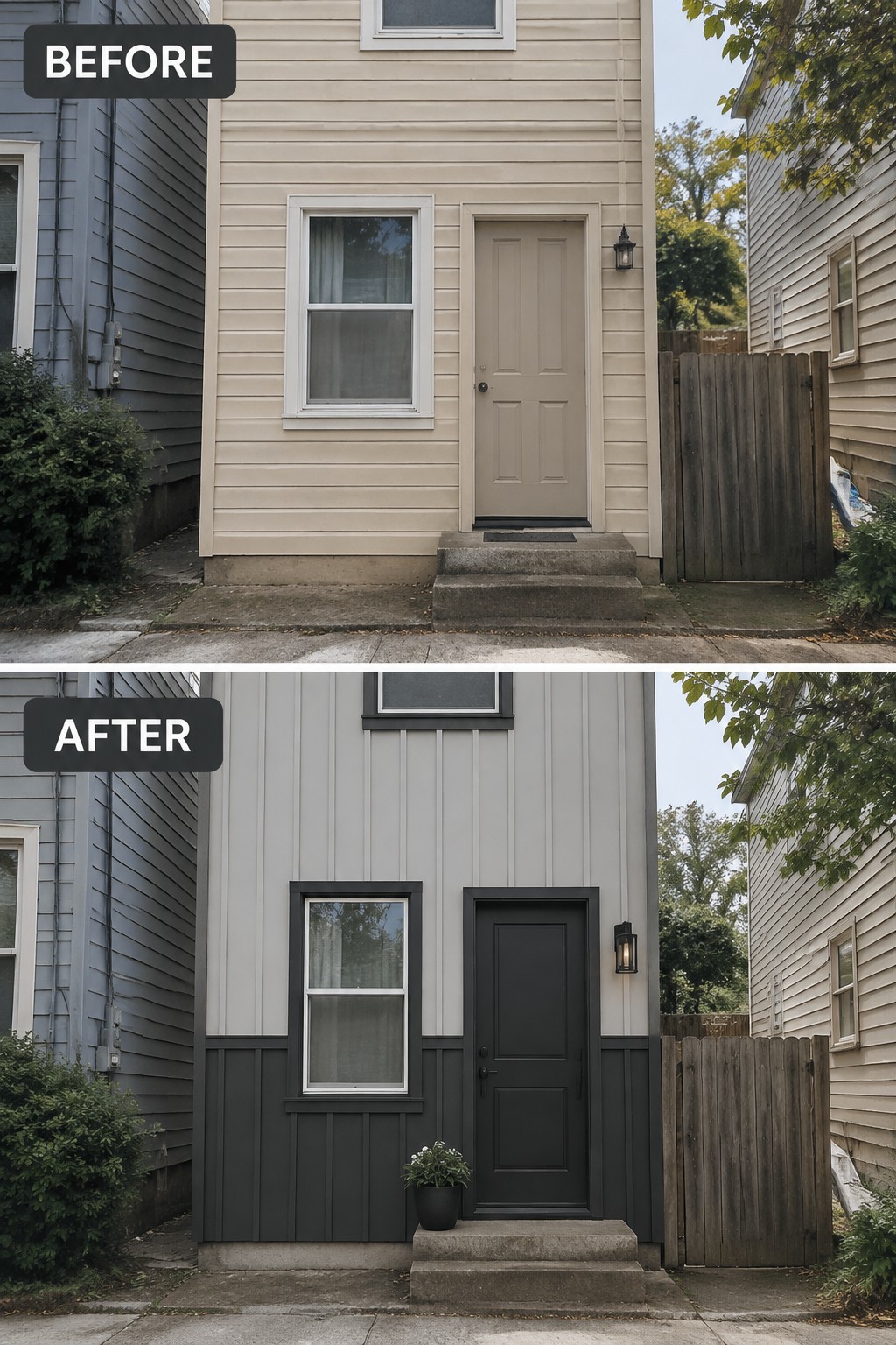 Before and after house exterior with beige siding changed to gray and black door