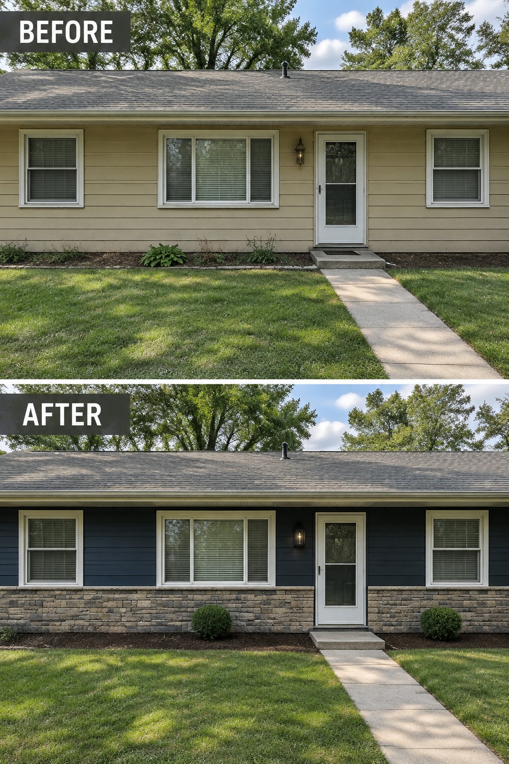Before and after house with beige siding changed to dark blue and stone base.