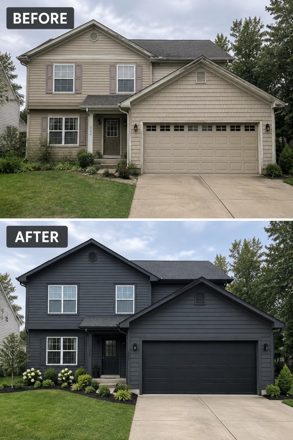 Before-and-after image of a beige two-story house with tan siding and garage door changed to dark gray siding and a matching dark garage door.