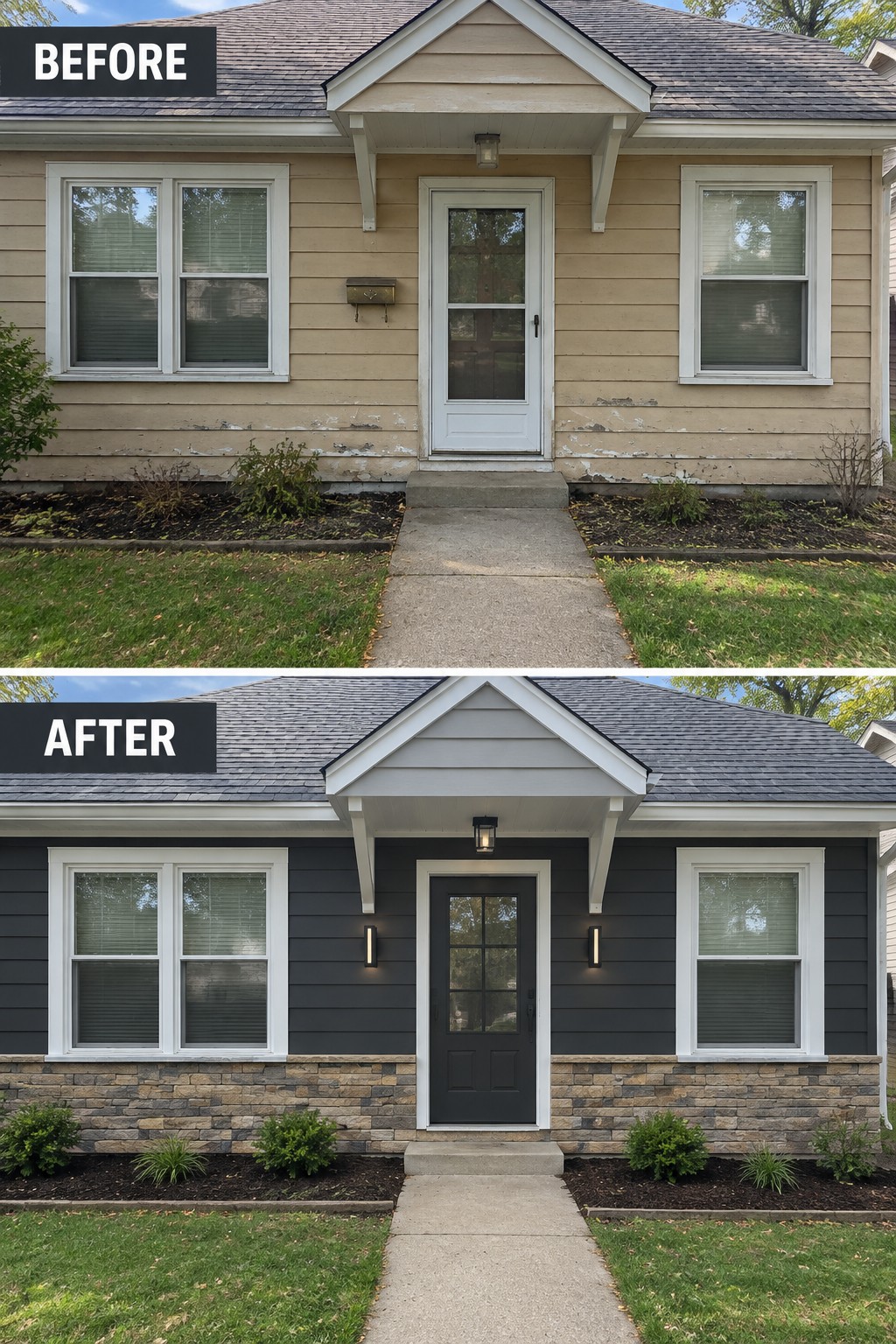 Before-and-after image of a beige house exterior updated with dark gray siding, a stone foundation, a black front door, and new lighting.