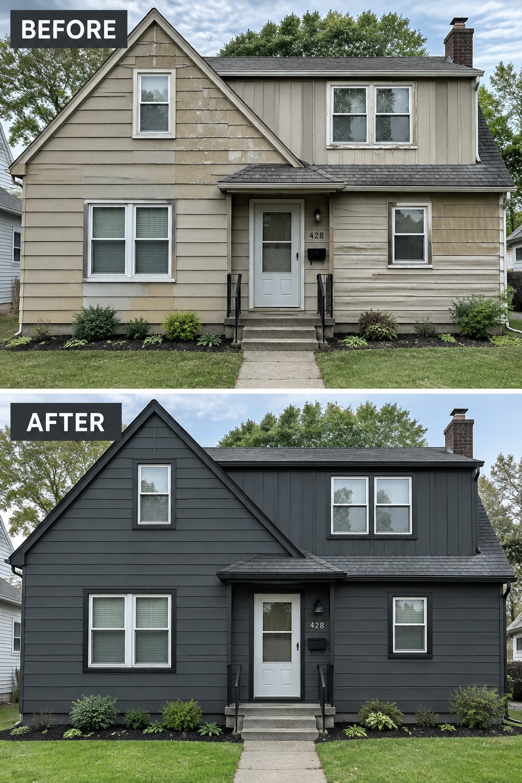 Before and after house exterior repainted from beige to dark gray siding.