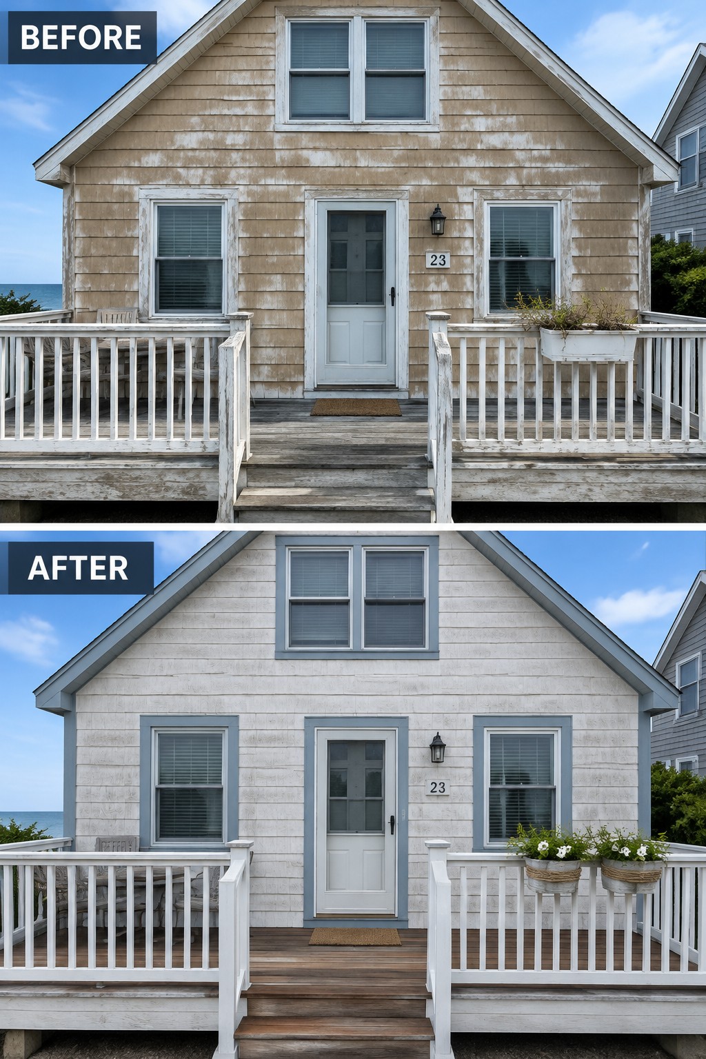 Before-and-after image of a dated beige house exterior updated with light siding and blue-gray trim around the windows and door.