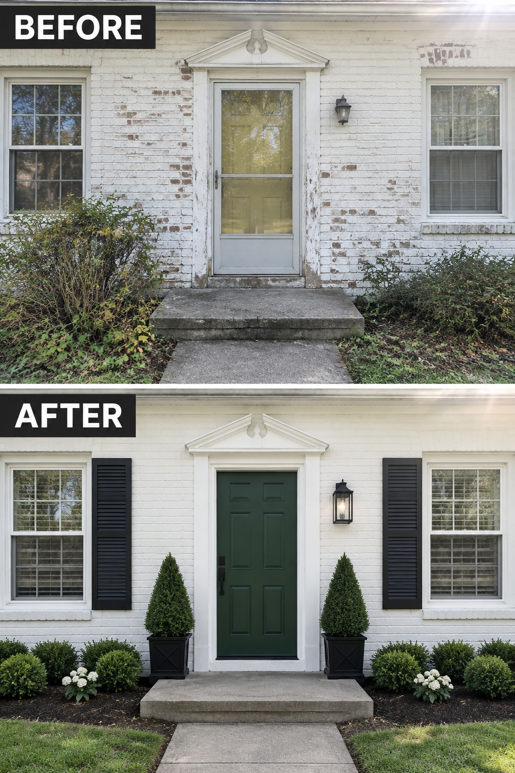 Before-and-after house entrance with fresh green door, black shutters, and landscaping.