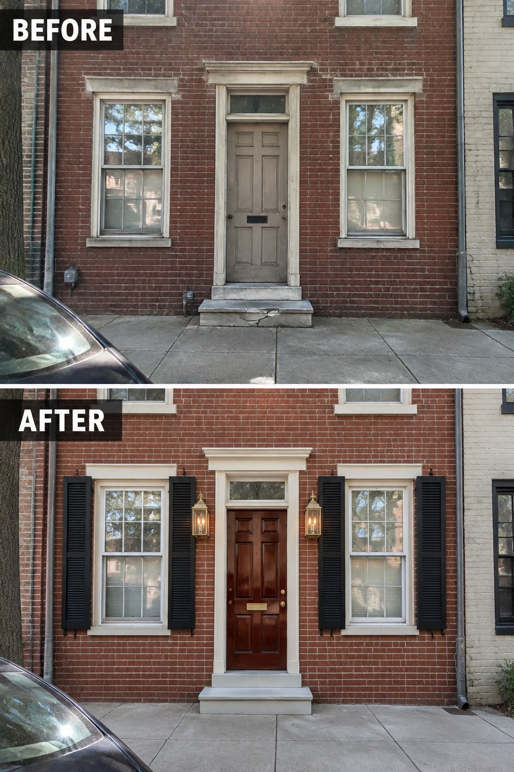 Before-and-after image of a brick colonial home showing a gray door and plain windows changed by adding black shutters, a dark wood door, and wall lanterns.