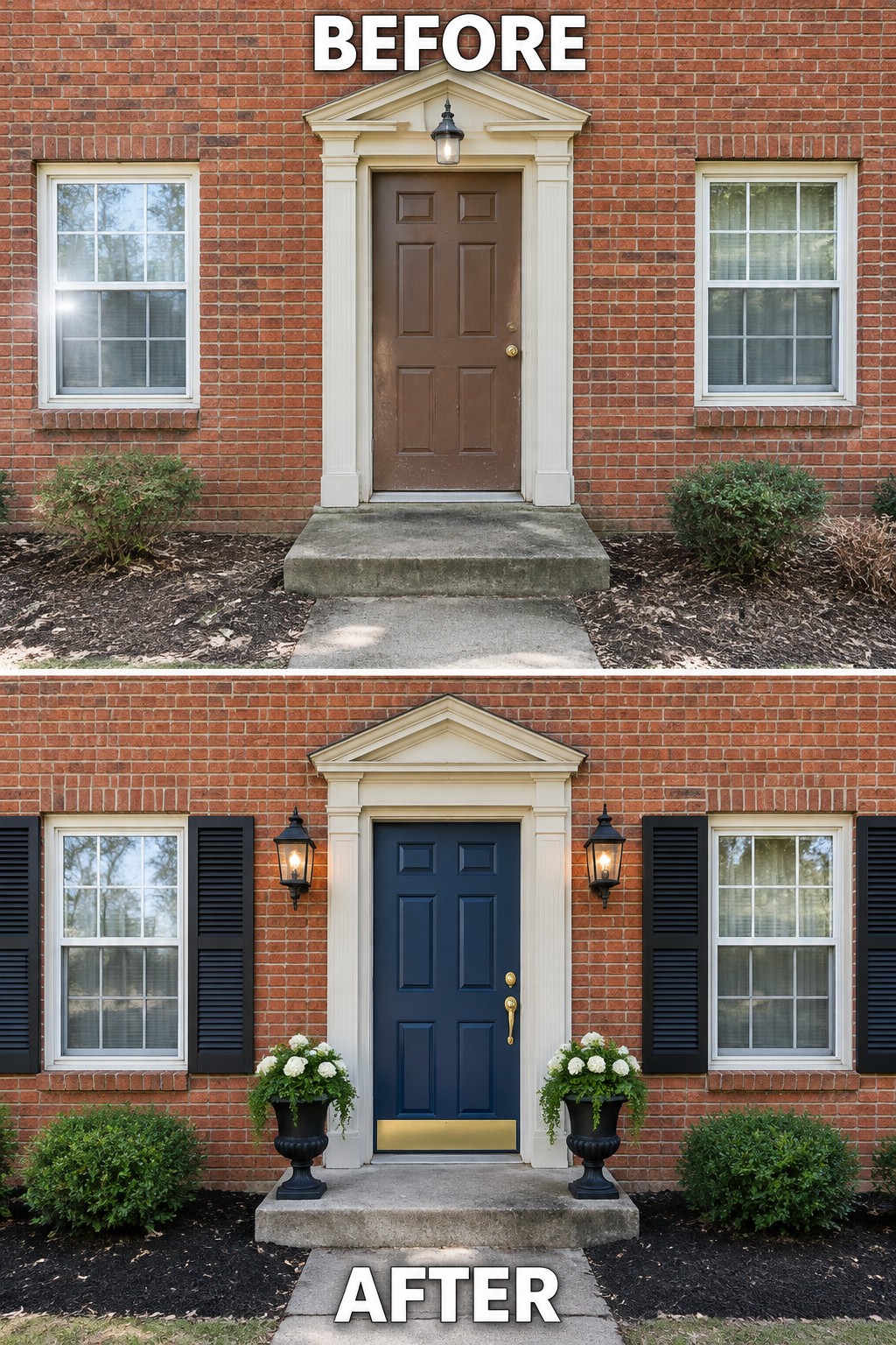 Brick house before-and-after: brown door changed to navy blue with black shutters and potted flowers.