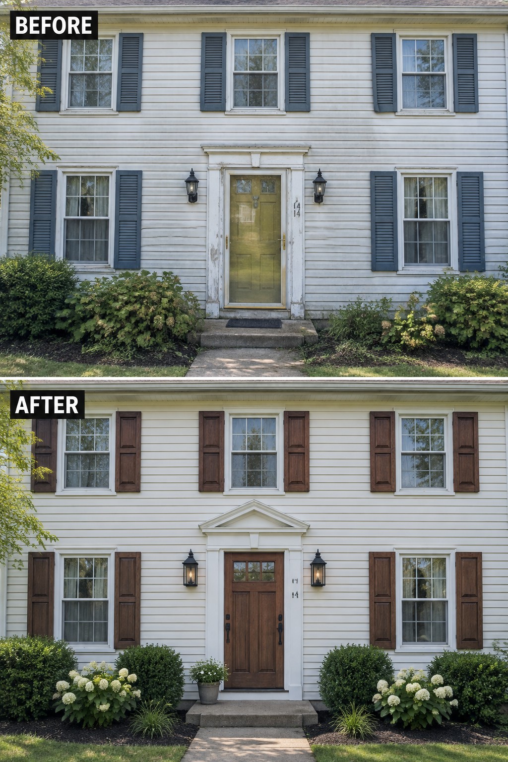 Before-and-after image of a colonial house exterior with mismatched shutters and an old door updated to coordinated brown shutters and a new wooden entry door.