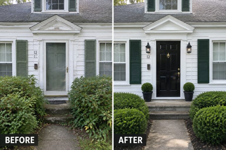 23 Smart Colonial Before and After Makeovers Using Shutters and New Entry Doors Before-and-after image of a colonial house exterior with a faded green door changed to black and two potted shrubs added beside the steps.
