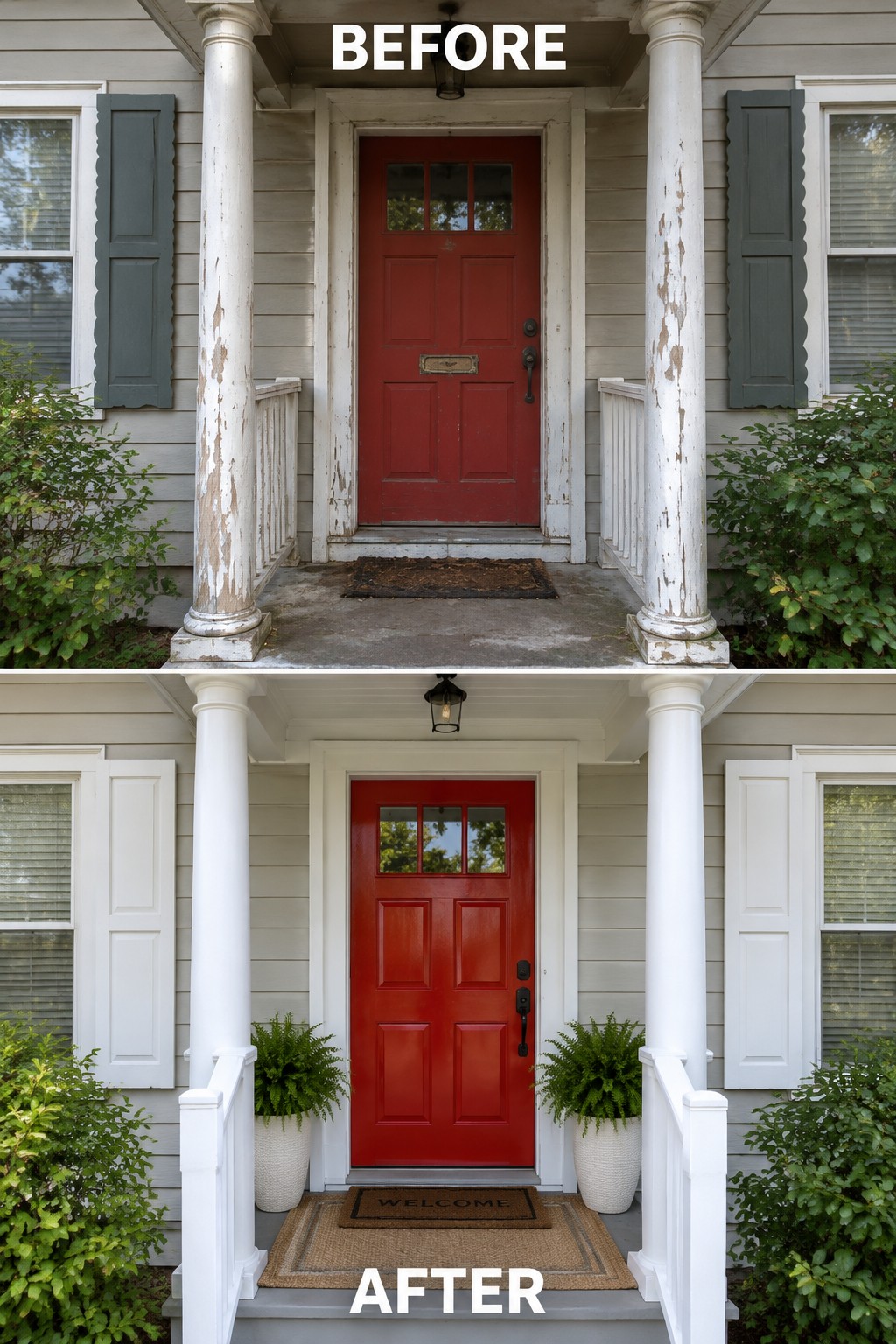 Before-and-after image of a colonial house front entry showing peeling paint on columns and old shutters changed to fresh white paint, new shutters, and potted ferns beside the red door.