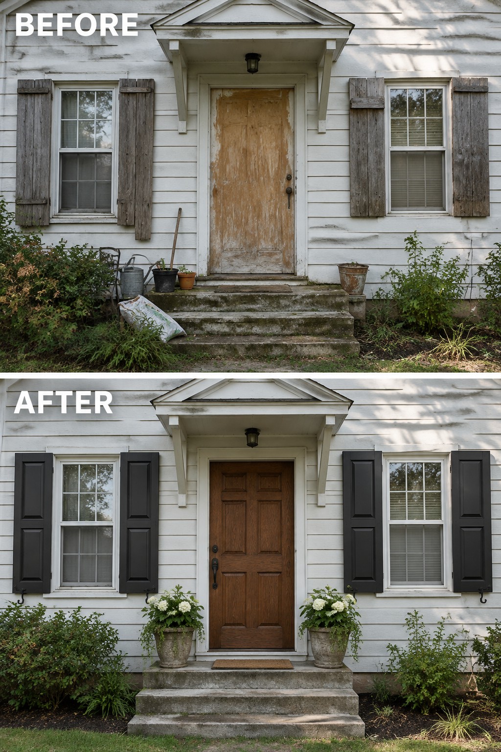 Before and after views of a house entrance with new door, black shutters and potted flowers