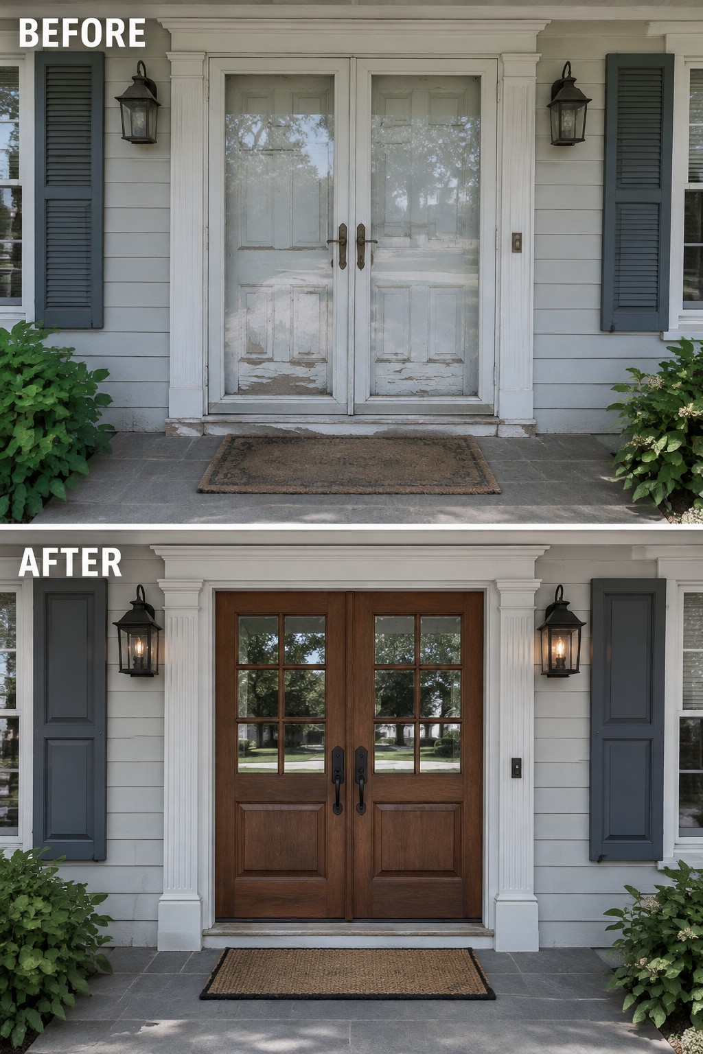 Before and after of peeling white doors replaced by brown wooden double doors with glass.