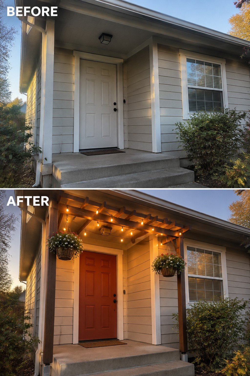 Before-and-after image of a plain front entry updated with a wooden pergola, string lights, hanging planters, and a red door.