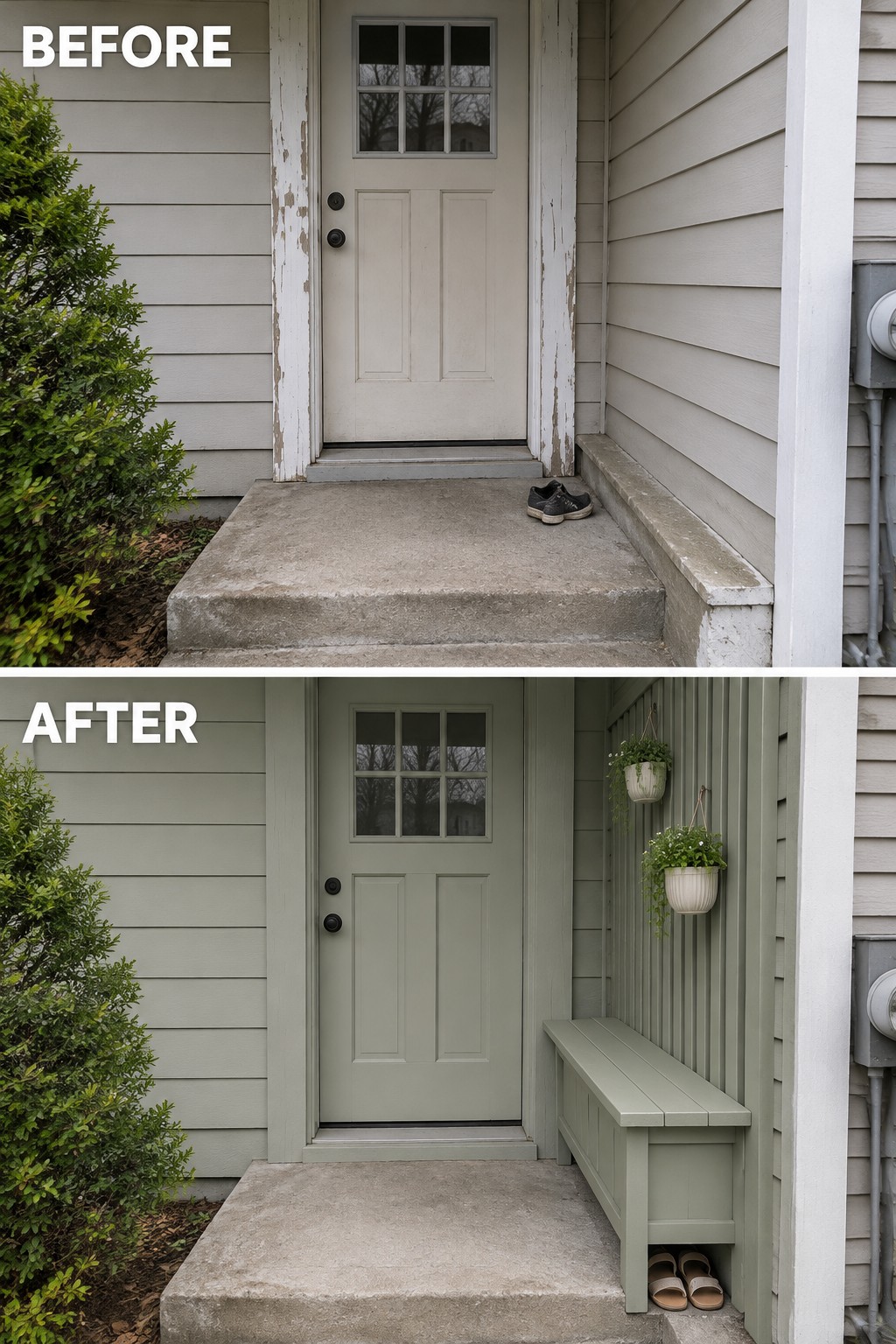 Before-and-after house entrance: peeling white door repainted sage green with added bench and plants.