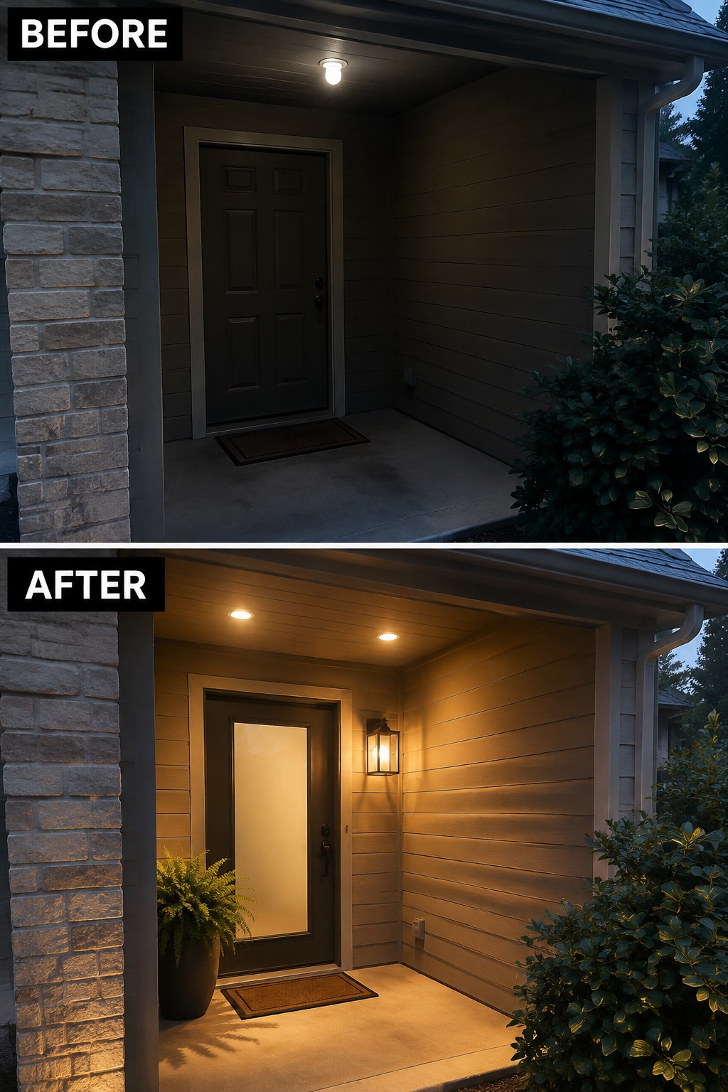 Before-and-after image of a front entry changed from a single overhead bulb to recessed lights and a wall sconce, with a new door and potted plant added.
