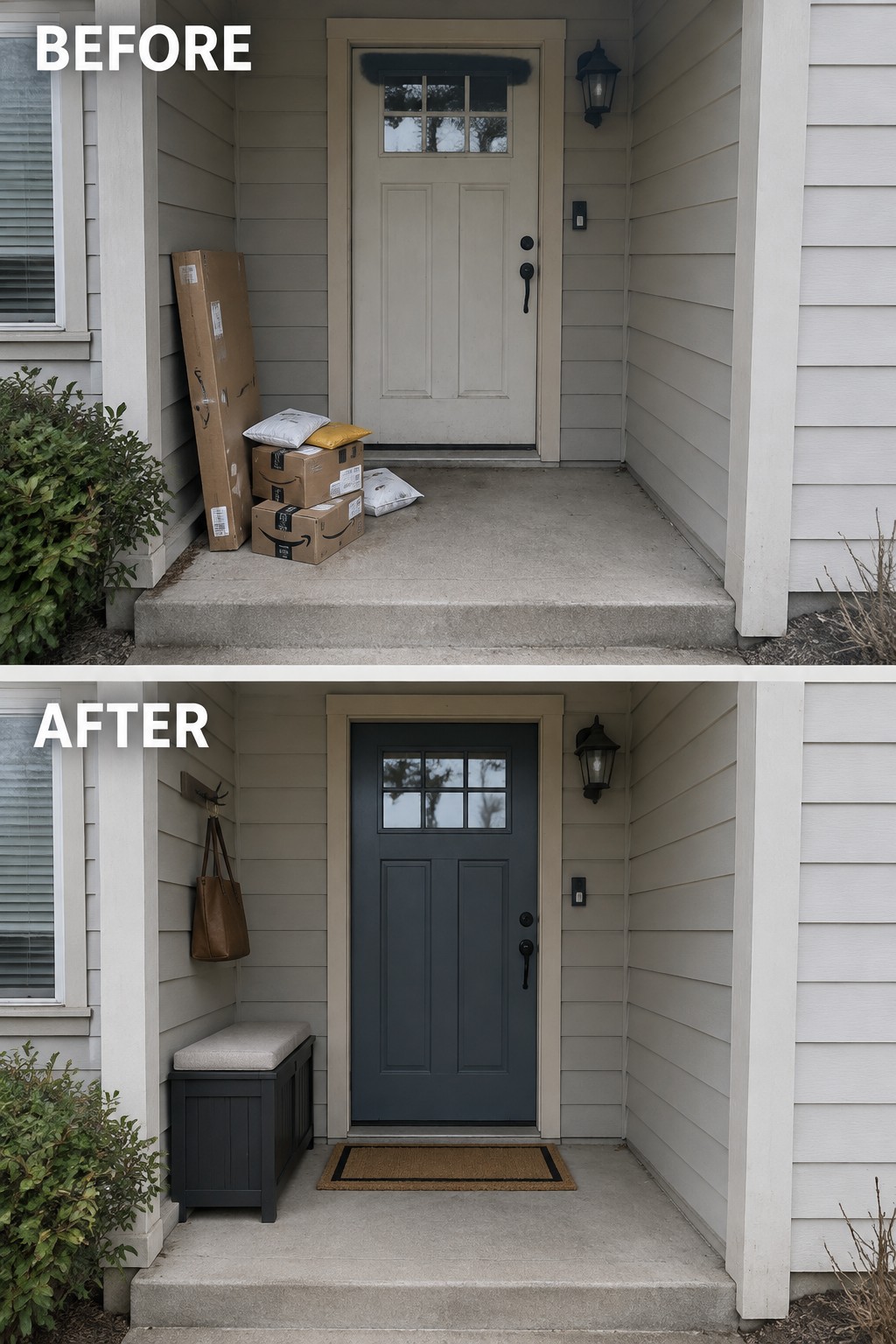 Before cluttered porch with boxes beside beige door, after tidy with dark door and bench.