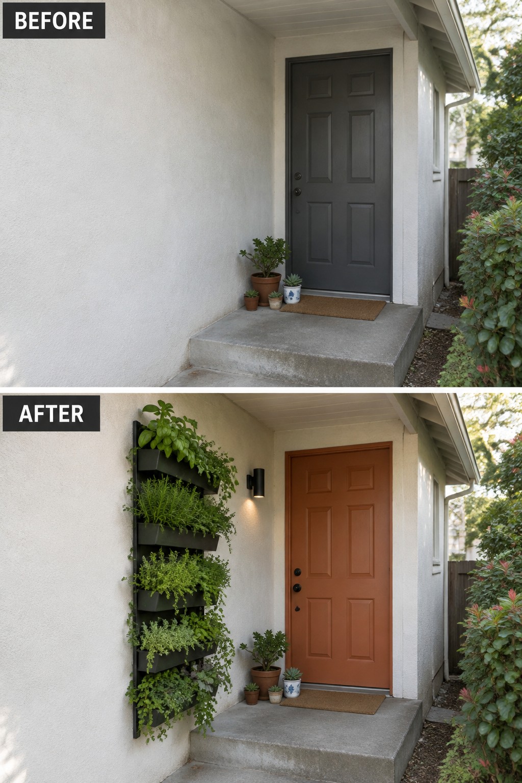 Before and after of entryway with added vertical garden and painted front door