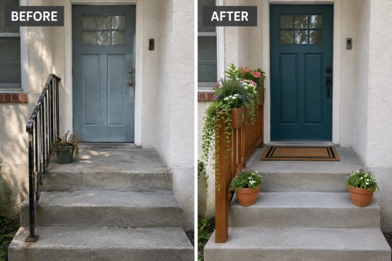 23 Smart Front Door Makeover Ideas for Small Porches and Stoops Before and after porch with teal door, wooden railing, and potted flowers.
