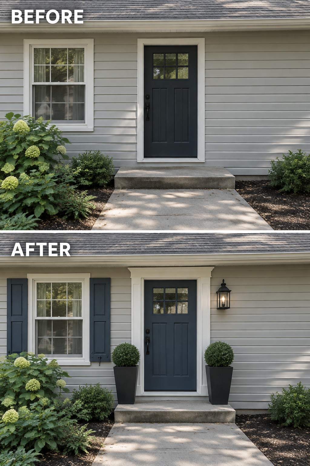 Before and after of gray house entrance with dark door, shutters, and planters.