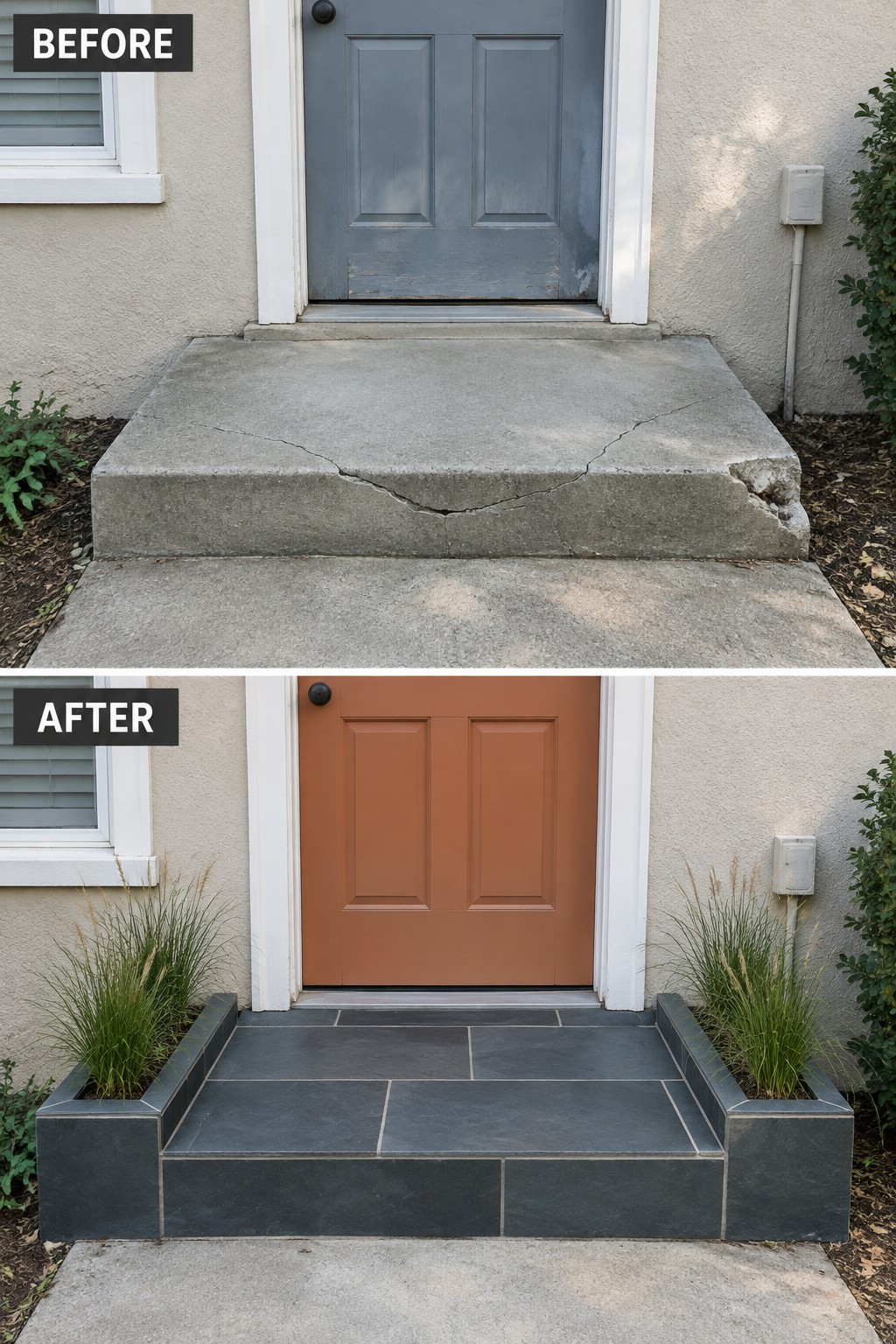 Before-and-after image of a cracked concrete front stoop replaced with dark stone pavers and flanked by built-in planters with grasses.