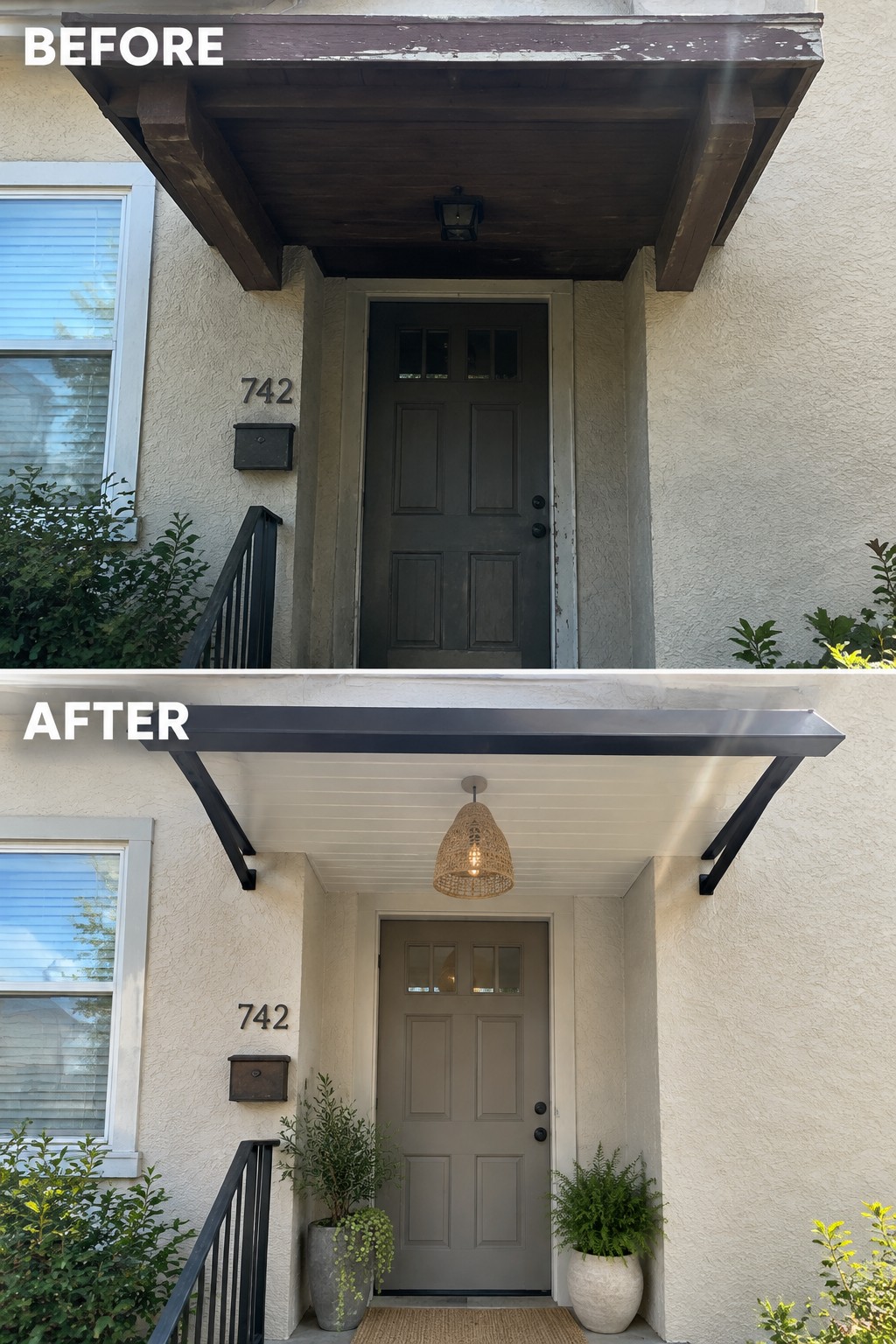 Before-and-after image of a front entry where a dark wooden overhang was replaced with a modern metal awning, the door was painted a lighter gray, and planters were added on both sides.