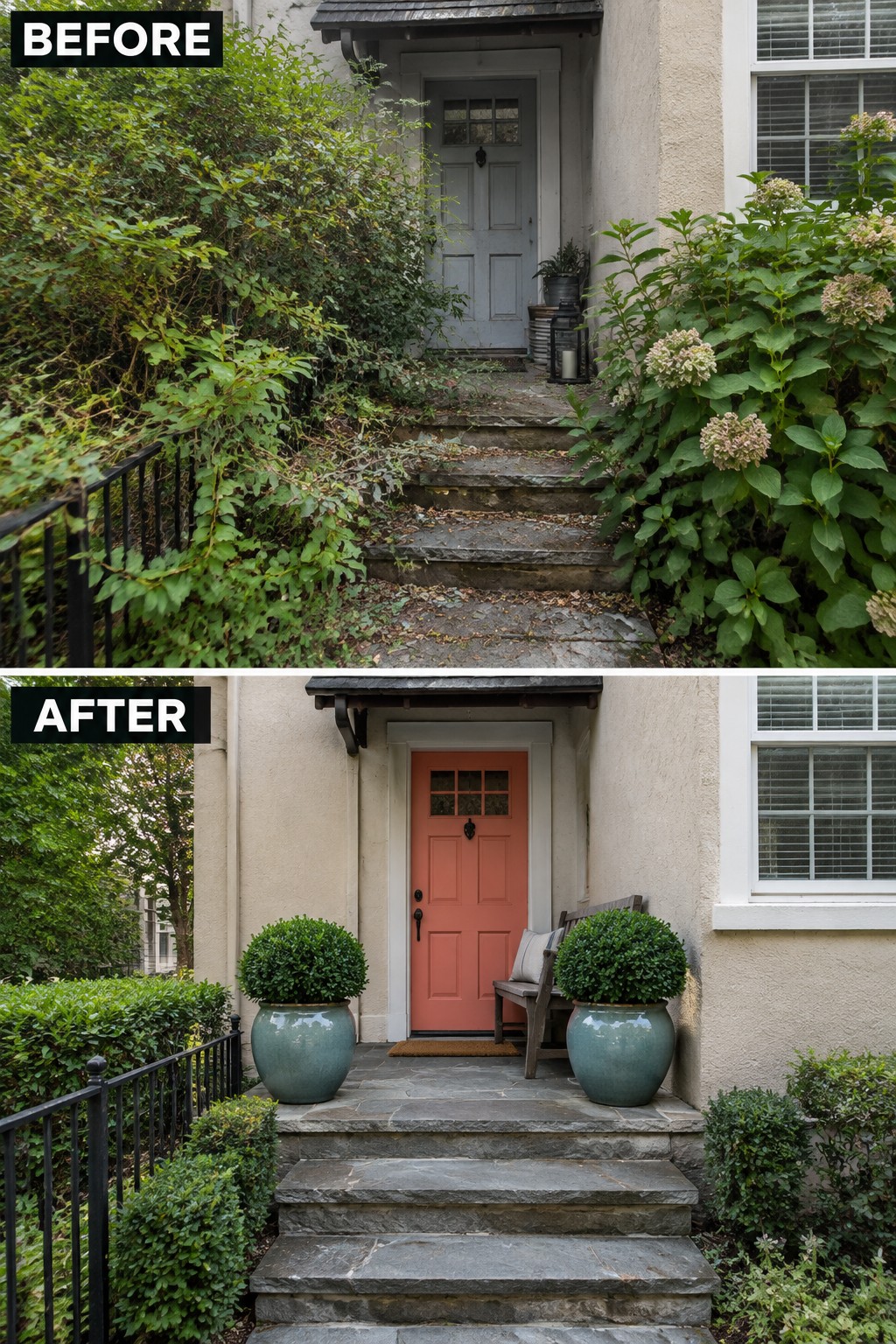 Before and after of overgrown entrance transformed into tidy porch with coral door and planters